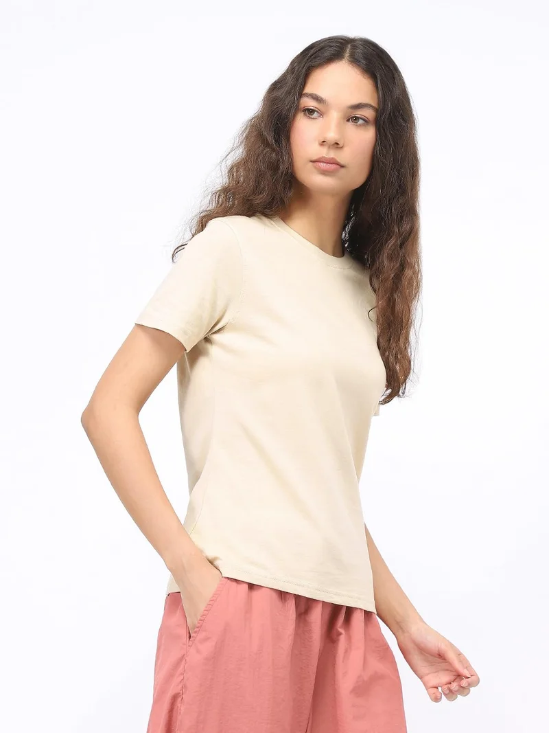 NOBERO  Solid Cream T-Shirt for Women for Women | Best Price UAE