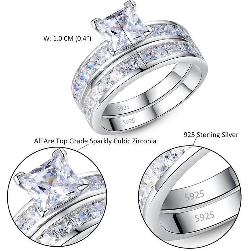 MABELLA 925 Sterling Silver Princess Clear Cubic Zirconia Engagement Rings Wedding Band Set Gifts Ring for Women Size 8 - Image 2