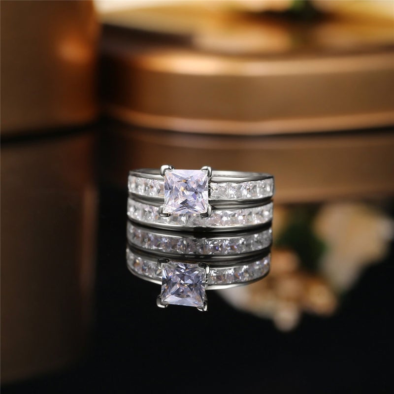 MABELLA 925 Sterling Silver Princess Clear Cubic Zirconia Engagement Rings Wedding Band Set Gifts Ring for Women Size 8 - Image 4