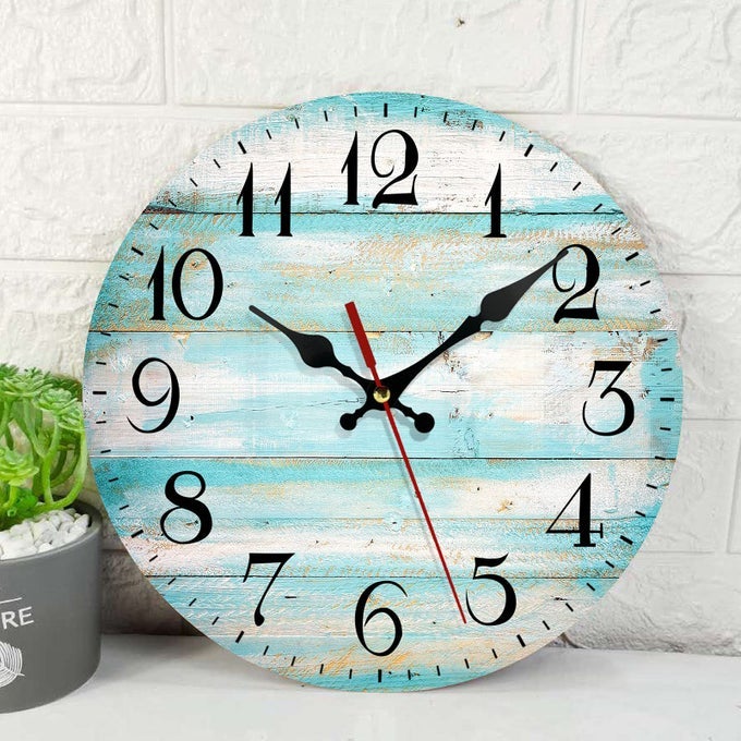 WOODEN PATTERN WALL CLOCK SILENT NONTICKING VINTAGE BEACH WOOD OLD TEAL ROUND RUSTIC WALL CLOCKS DECOR FOR HOME KITCHEN LIVING ROOM OFFICE BATTERY OPERATED12 INCH
