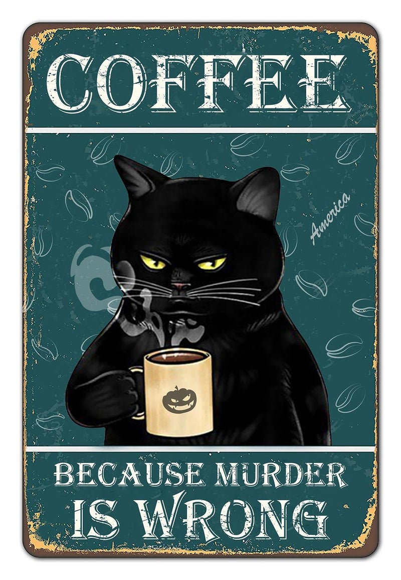 Bestylez Funny Black Cat Signs - Coffee Lovers Kitchen Decor, 12 x 8 Inch (912) - Image 1