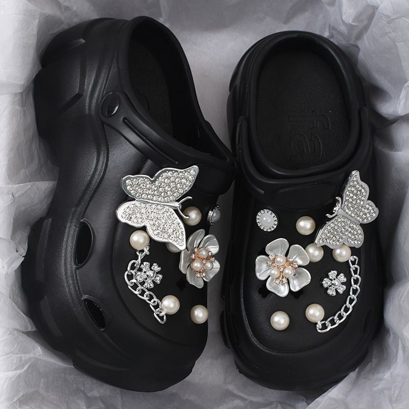 Thick Sole Cave Shoes Womens Stomp Feeling Medical Soft Sole Baotou Non-slip Comfortable Fashion Platform Sole Outer Wear Sandals [black] diamond flower double butterfly