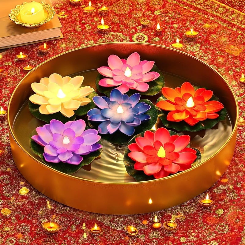 coku 18 Pcs Floating Lotus LED Candles, Water Sensor Diya, 4" Multicolor Flower Lights, Water Activated Tea Lights for Diwali, Navratri, Durga Puja, Wedding, Pool, Urli Bowl, & Home Decor (Pack of 18) - Image 1