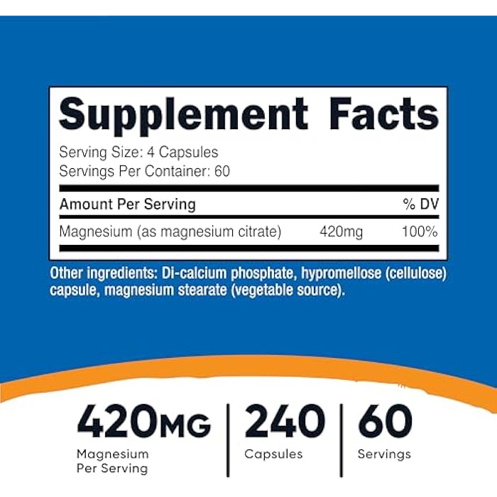 Nutricost Magnesium Citrate 420mg, 240 Veggie Capsules - 60 Servings, Gluten Free, Non-GMO, Vegetarian Friendly - Image 2