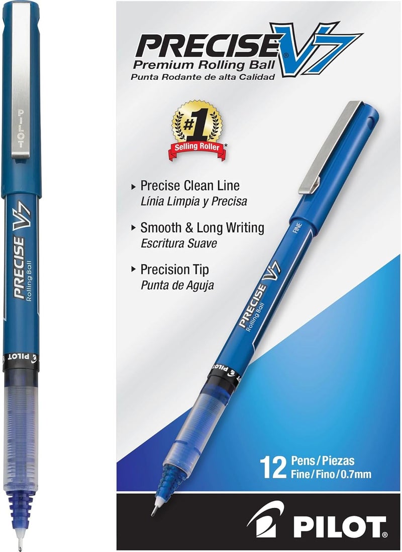 , Precise V7, Capped Liquid Ink Rollerball Pens, Fine Point 0.7 mm, Blue Ink Pens, Pack of 12 - Ideal for School, Journaling & Office Writing