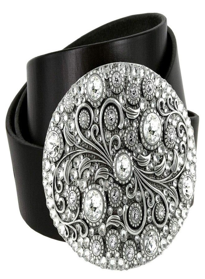 Belts.com Timeless Tranquility Rhinestone Crystal Floral Buckle Genuine Leather Belt (Black, 32) - Image 1