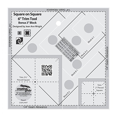 Creative Grids Square on Square Trim Tool Quilt Ruler CGRJAW7 Made in USA 612in x 612in NonSlip Grip Acrylic Quilting Sewing Crafting Patchwork Ruler Template