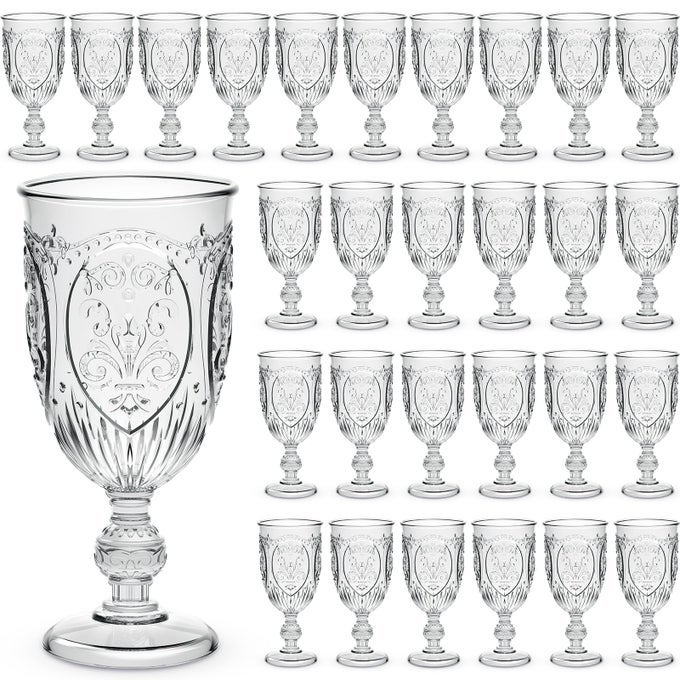 48 PCS PLASTIC GOBLETS 75OZ VINTAGE GOBLET PLASTIC WINE GLASSES COLORED RETRO EMBOSSED WATER GOBLETS FOR WINE BAR JUICE BABY SHOWER WEDDING RECEPTION GRAND EVENT PARTY CLEAR