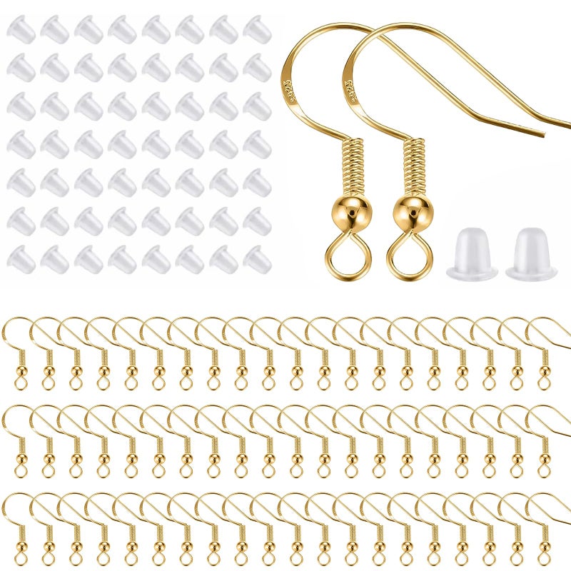 925 Sterling Silver Earring Hooks 200 PCS Gold Earring Hooks for Jewelry Making Hypoallergenic Fish Hook Earrings Making Kit DIY Earring with 200PCS Earring Backs and 200PCS Jump Rings