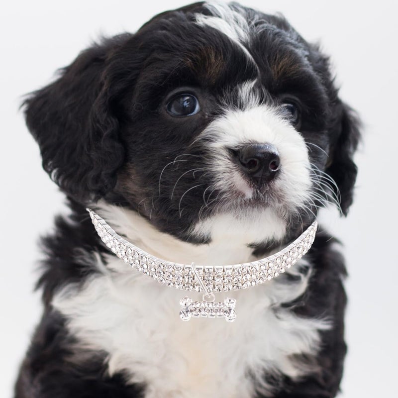 Adjustable White Crystal Dog Collar with Rhinestone Bone Pendant for Small Dogs - Image 4