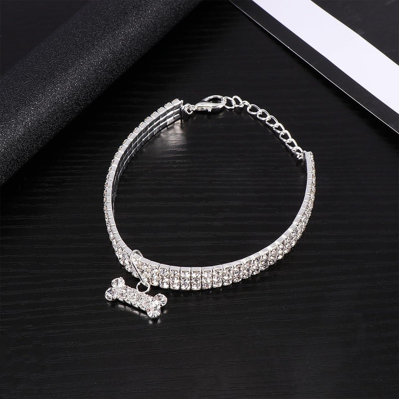 Adjustable White Crystal Dog Collar with Rhinestone Bone Pendant for Small Dogs - Image 5