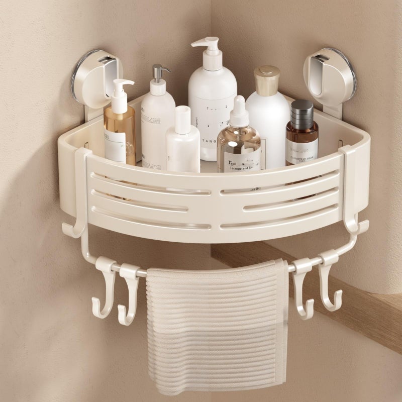 VOLPONE Corner Shower Caddy Suction Cup Shower Shelf Corner No Drilling Bathroom Shower Organizer Storage Rack Adhesive with Towel Bar Hooks(1-Pack, Ivory) - Image 1