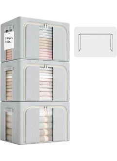 JCB CHIC Clothes Storage Bins with Metal Frame, Foldable Storage Box with Handles & Clear Window & Double Zippers, Fabric Closet Organizers and Storage Bins (100L) (3 Pack, Grey)  - Image 1
