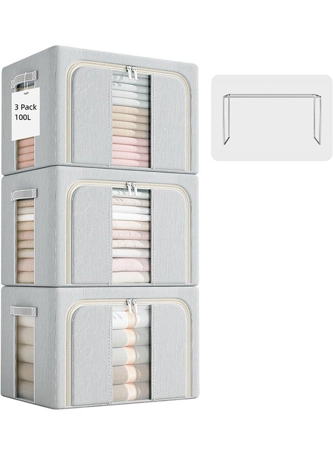 JCB CHIC Clothes Storage Bins with Metal Frame, Foldable Storage Box with Handles & Clear Window & Double Zippers, Fabric Closet Organizers and Storage Bins (100L) (3 Pack, Grey) - Image 1