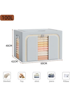 JCB CHIC Clothes Storage Bins with Metal Frame, Foldable Storage Box with Handles & Clear Window & Double Zippers, Fabric Closet Organizers and Storage Bins (100L) (3 Pack, Grey)  - Image 2