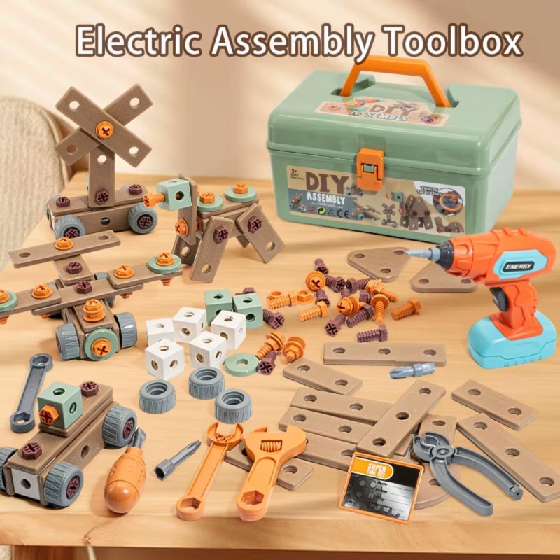 Kids Construction Toys 144-Piece Green Set Safe ABS PP Material - Encourages Creativity Imagination Critical Thinking Simulated Electric Drill for Children Aged 3+ DIY Pretend Play - Image 3