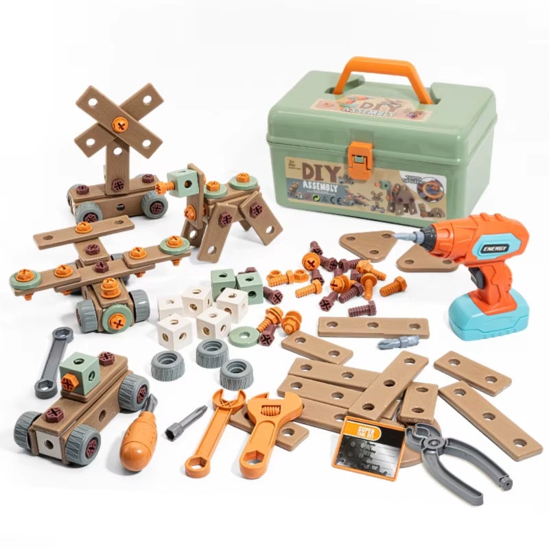 Kids Construction Toys 144-Piece Green Set Safe ABS PP Material - Encourages Creativity Imagination Critical Thinking Simulated Electric Drill for Children Aged 3+ DIY Pretend Play - Image 1
