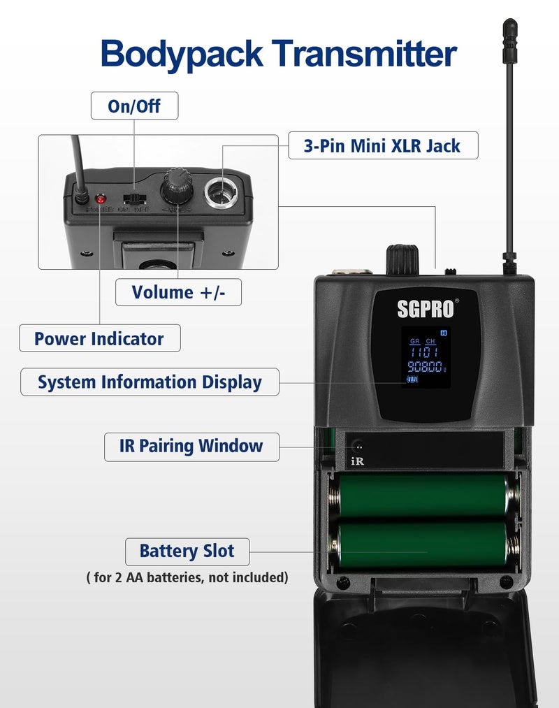 SGPRO Dual Channel Wireless Microphone System with Two Bodypack Transmitters, Two Headset Micriophones and Two Lavalier Mics for Live & Recording of Sining and Speaking (D-332BB) - Image 2