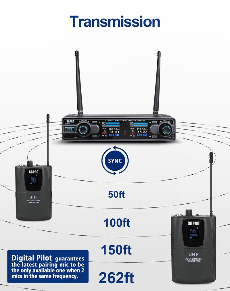 SGPRO Dual Channel Wireless Microphone System with Two Bodypack Transmitters, Two Headset Micriophones and Two Lavalier Mics for Live & Recording of Sining and Speaking (D-332BB) - Image 4