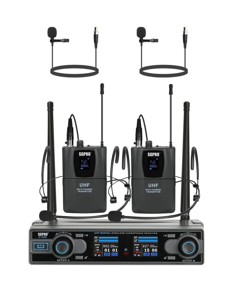 SGPRO Dual Channel Wireless Microphone System with Two Bodypack Transmitters, Two Headset Micriophones and Two Lavalier Mics for Live & Recording of Sining and Speaking (D-332BB) - Image 1