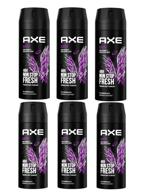 Pack of 6 Excite Body Deodorant Spray Crisp Coconut And Black Pepper Scent 6x150ml
