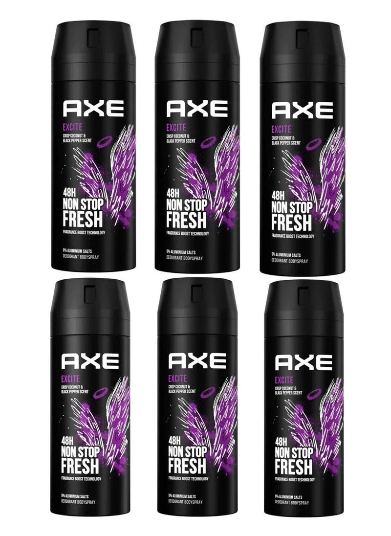 Axe Pack of 6 Excite Body Deodorant Spray Crisp Coconut And Black Pepper Scent 6x150ml  - Image 1
