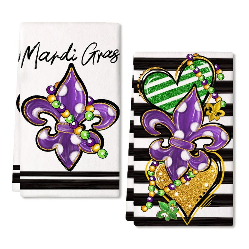 ARKENY Mardi Gras Kitchen Towels Set of 2Purple Fleur De Lis White Polka dot Beads Dish Towels 18x26 Inch Drying DishclothFarmhouse Home Mardi Gras Carnival Seasonal Holiday Decorations AD192