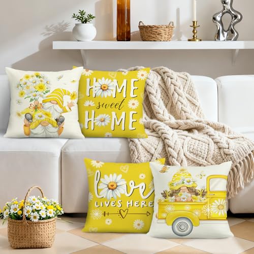 Bonhause Gnomes Daisy Floral Throw Pillow Covers 18x18 Inch Set of 4 Spring Summer Flowers Truck Love Lives Here Yellow Outdoor Decorative Cushion Covers for Sofa Couch Living Room - Image 3
