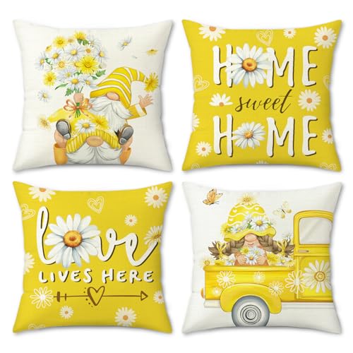 Bonhause Gnomes Daisy Floral Throw Pillow Covers 18x18 Inch Set of 4 Spring Summer Flowers Truck Love Lives Here Yellow Outdoor Decorative Cushion Covers for Sofa Couch Living Room - Image 1