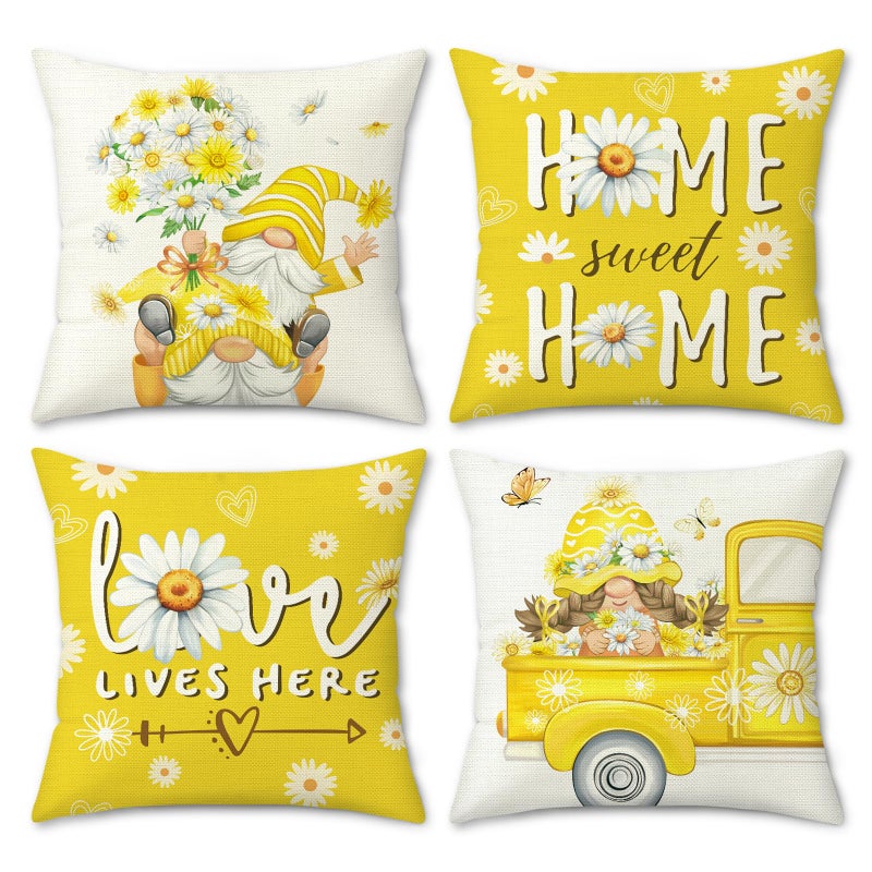Bonhause Gnomes Daisy Floral Throw Pillow Covers 18x18 Inch Set of 4 Spring Summer Flowers Truck Love Lives Here Yellow Outdoor Decorative Cushion Covers for Sofa Couch Living Room - Image 2