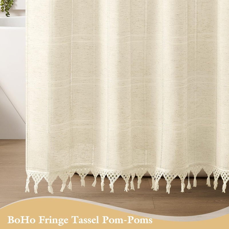 Craidlela Long Linen Farmhouse Shower Curtain Set with Tassel, Modern Boho French Country Chic Bathroom Shower Curtain Set with PEVA Liner, Cotton Hollow Fabric Shower Curtain 72x78 - Beige/Cream - Image 5