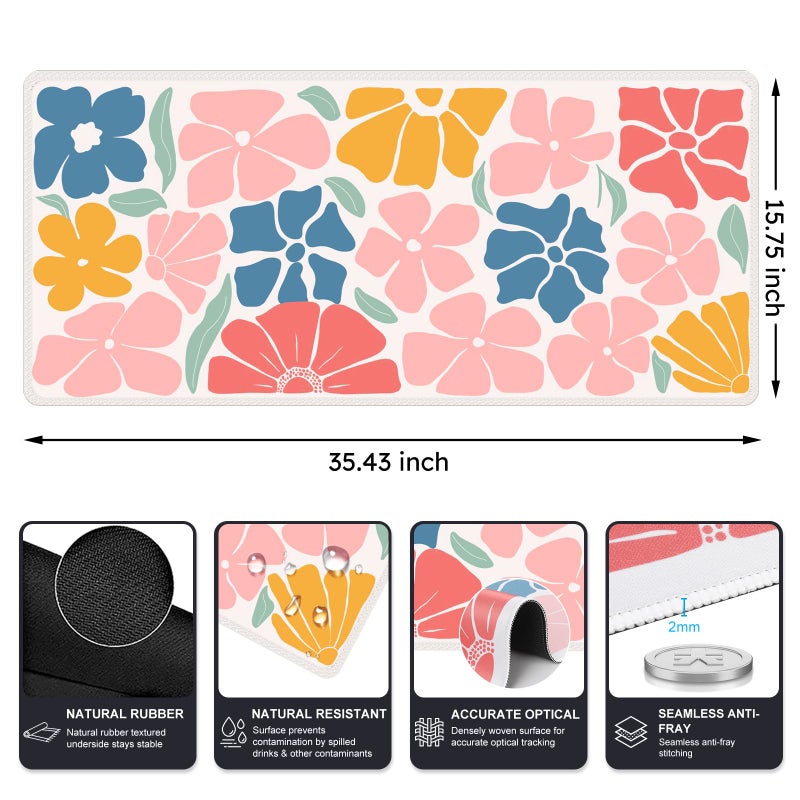 iCasso XXL Large Mouse Mat, Anti-slip Big Mousepad with Stitched Edges, Keyboard Pad Mat for Computer, Work, Gaming (Colorful Flower) - Image 2