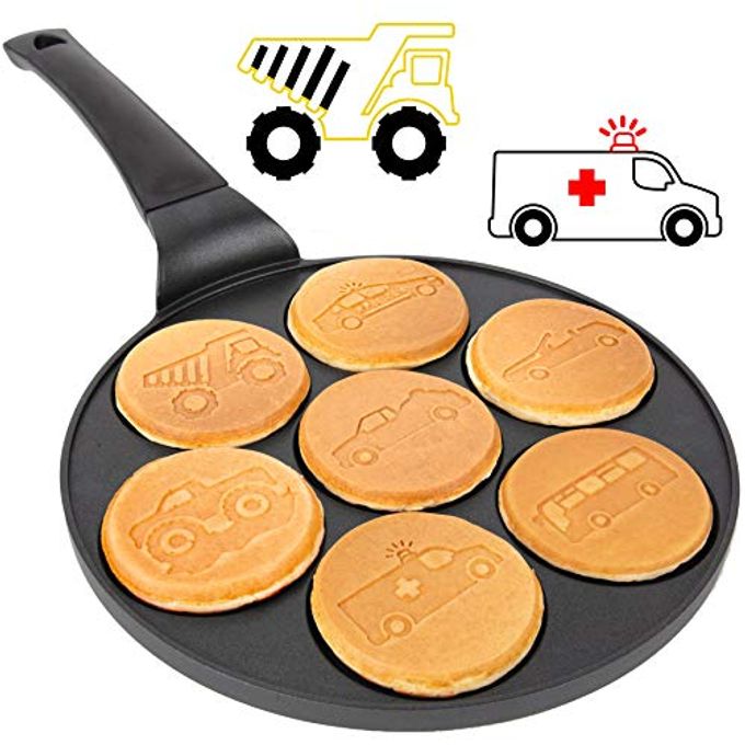 Car & Truck Mini Pancake Pan - Make 7 Unique Flapjack Car Vehicles, Nonstick Pan Cake Maker Griddle w Long Handle for Breakfast Fun & Easy Cleanup, Unique Morning Treat or Special Baking Gift for Kids