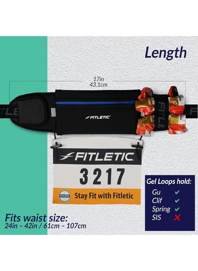 Fitletic Fitletic Running Belt with Side Pocket, Loops for Energy Gels, Race Bib Number Holder. Waist Pack Water Resistant Phone Holder. Model Ultimate II, Black, One Size Fits All  - Image 3