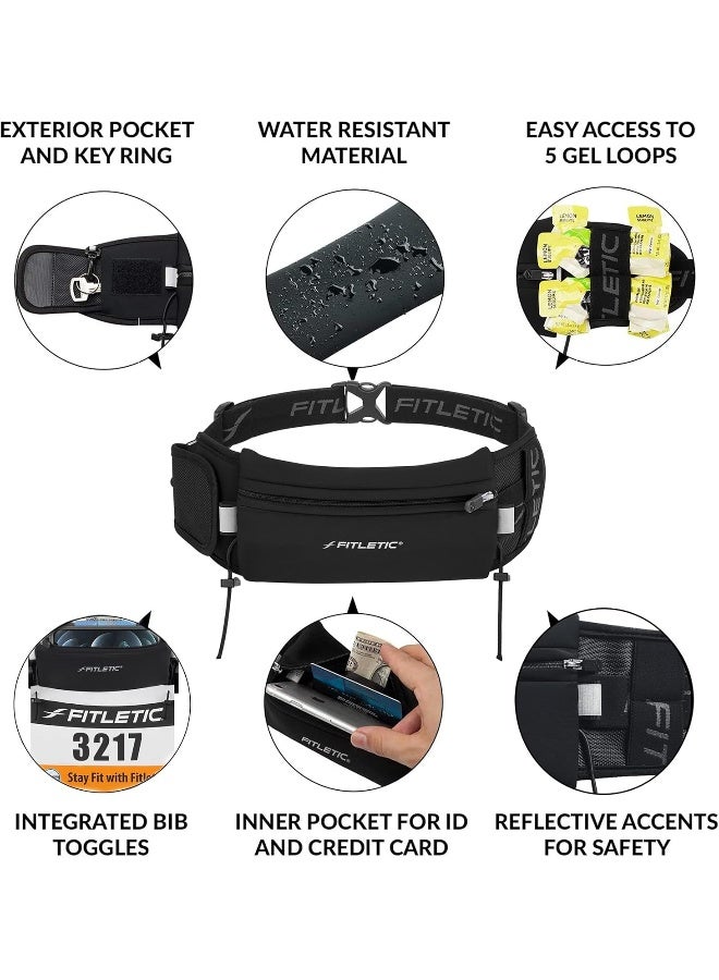 Fitletic Fitletic Running Belt with Side Pocket, Loops for Energy Gels, Race Bib Number Holder. Waist Pack Water Resistant Phone Holder. Model Ultimate II, Black, One Size Fits All  - Image 4