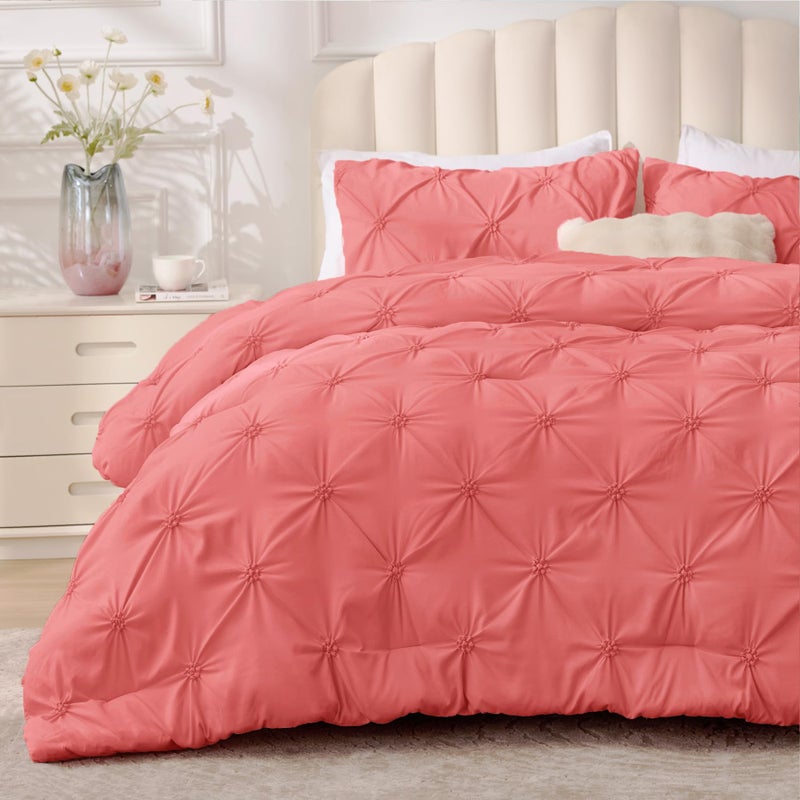 BEDELITE Coral Queen Comforter Set - 3 Pieces Boho Pintuck Bedding Comforter Sets, Lightweight Soft & Warm Bed Comforter Queen with 2 Pillowcases for All Season - Image 1