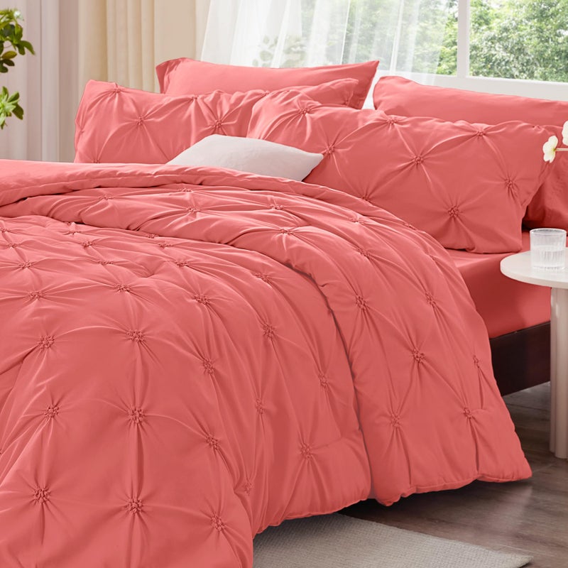 BEDELITE Coral Queen Comforter Set - 3 Pieces Boho Pintuck Bedding Comforter Sets, Lightweight Soft & Warm Bed Comforter Queen with 2 Pillowcases for All Season - Image 2