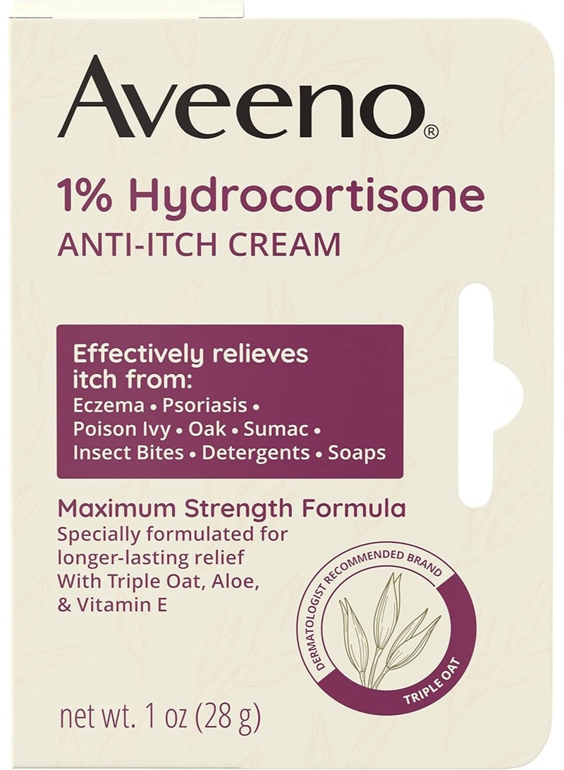 Aveeno Maximum Strength 1% Hydrocortisone Anti-Itch Cream, Triple Oat, Aloe & Vitamin E for Itch Relief from Eczema, Psoriasis, Insect Bites, Poison Ivy, Oak & Sumac & Detergents, 1 oz