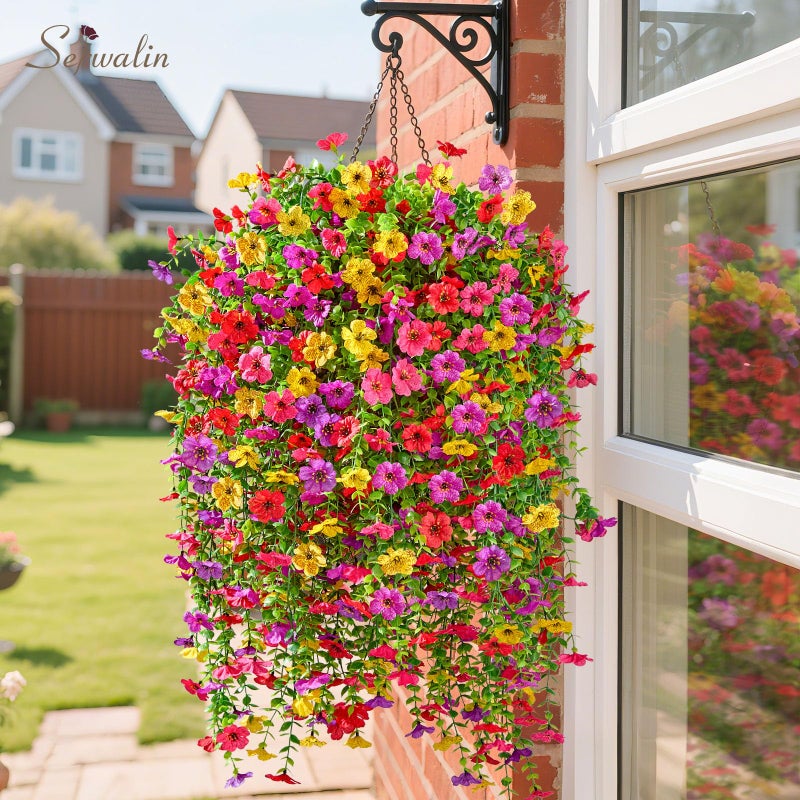 Serwalin Artificial Hanging Flowers for Outdoors, 4PCS UV Resistant Fake Hanging Plants with 101 Blooms, Realistic Weatherproof Outdoor Decor for Patio, Porch, Garden & Window (Summer Colors) - Image 3