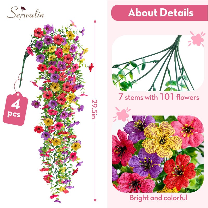 Serwalin Artificial Hanging Flowers for Outdoors, 4PCS UV Resistant Fake Hanging Plants with 101 Blooms, Realistic Weatherproof Outdoor Decor for Patio, Porch, Garden & Window (Summer Colors) - Image 2