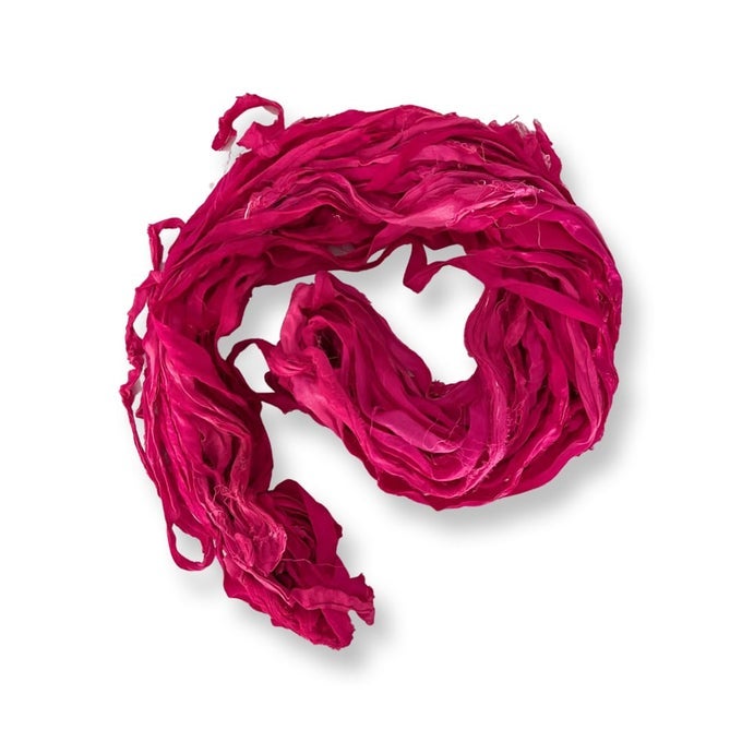 100 RECYCLED SAREE SARI SILK RIBBON YARN BULKY WEIGHT 50 YARDS PER 100 GRAMS KNITTING CROCHETING JEWELRY MAKING GIFT WRAPPING AND WEAVING VERY BERRY PURPLES