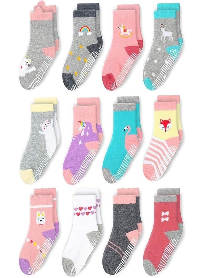 CozyWay Toddler Girls Non Slip Cotton Crew Socks Anti Skid With Grips 12 Pairs for Kids Children Boys 3-5 Years - Image 1
