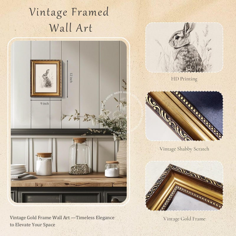 uniro Vintage Gold Framed Wall Art, Farmhouse Decor Easter Bunny Sketch Canvas Art Prints Painting, Antique Neutral Rabbit Drawing Picture Wall Decor, Rustic Animal Woodland Nursery Frame Art for Bedroom, Gallary, Living Room, Office, Cottagecore decor - 9x12Inch - Image 2