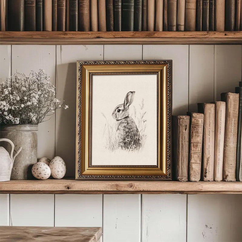 uniro Vintage Gold Framed Wall Art, Farmhouse Decor Easter Bunny Sketch Canvas Art Prints Painting, Antique Neutral Rabbit Drawing Picture Wall Decor, Rustic Animal Woodland Nursery Frame Art for Bedroom, Gallary, Living Room, Office, Cottagecore decor - 9x12Inch - Image 4