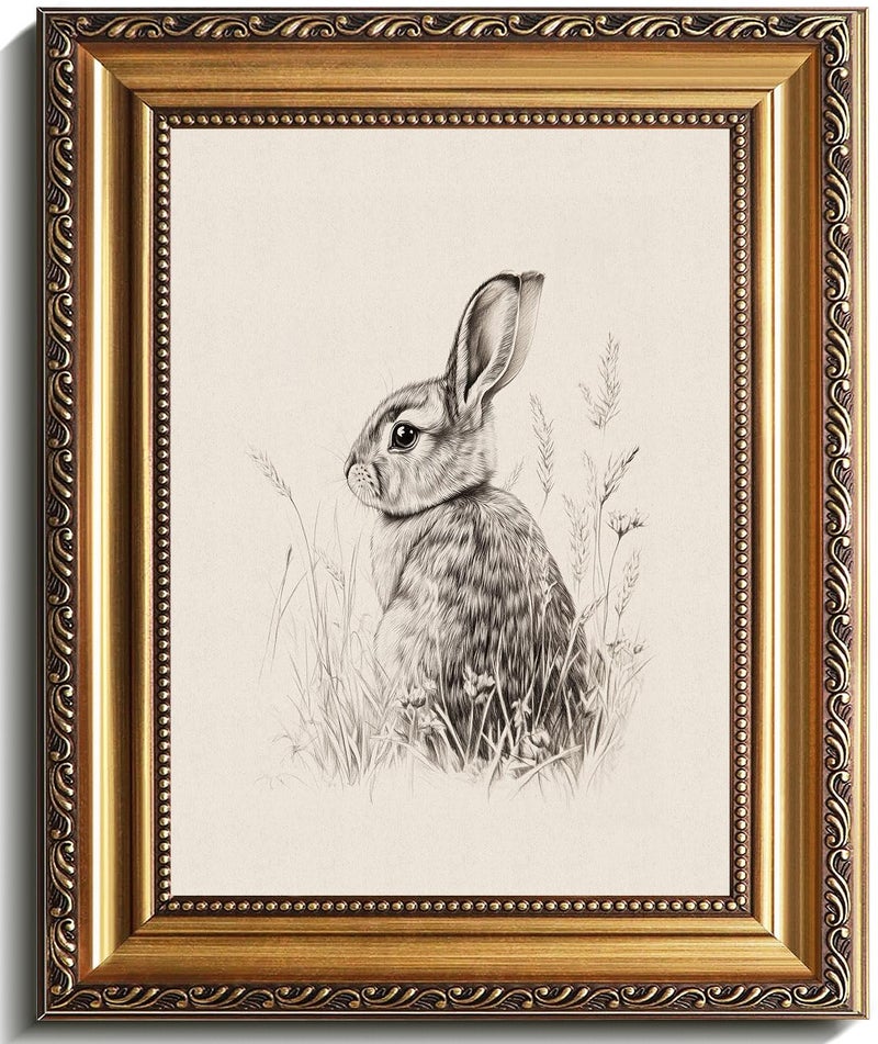 uniro Vintage Gold Framed Wall Art, Farmhouse Decor Easter Bunny Sketch Canvas Art Prints Painting, Antique Neutral Rabbit Drawing Picture Wall Decor, Rustic Animal Woodland Nursery Frame Art for Bedroom, Gallary, Living Room, Office, Cottagecore decor - 9x12Inch - Image 1