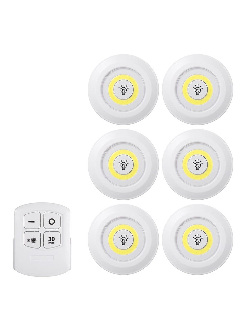 JAJEEK 4.5V 1W COB LED Puck Light 6 Pack with Remote Controller – Adjustable Brightness, Wireless Dimmable Touch Sensor Control, Battery-Powered Under Cabinet Wall Lighting - Image 1