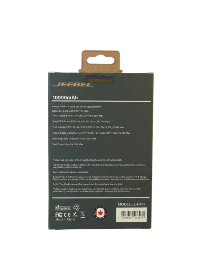 JEEBEL 10000mAh Power Bank with 22.5W Fast Charging and Built-in Cable - Image 4