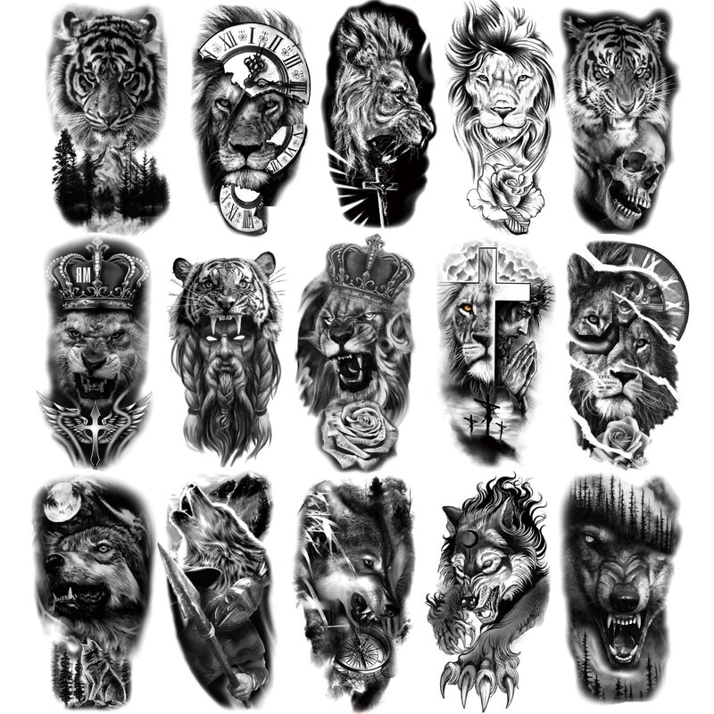 PADOUN Animal Temporary Tattoos 15Sheet Black Tiger Lion Wolf Totem Adult Tattoos Temporary Fake Tattoos Men
