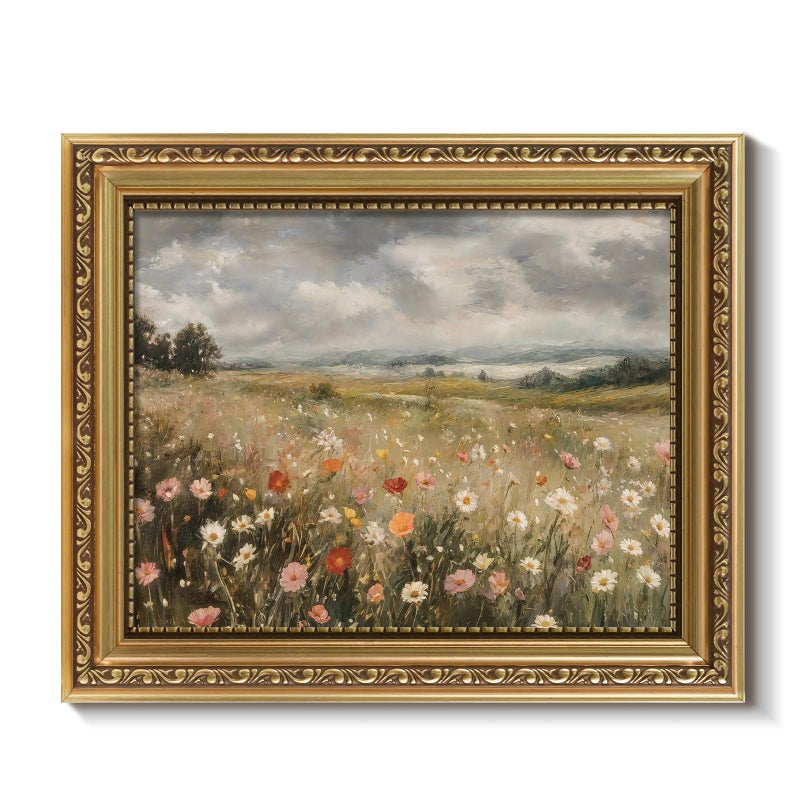 ARPEOTCY Vintage Gold Framed Wall Art Decor, 8x10 Inch Dreamy Wildflower Picture, Retro Farmhouse Landscape Wall Art for Living Room Bedroom, Rustic Bathroom Decor Aesthetic - Image 1