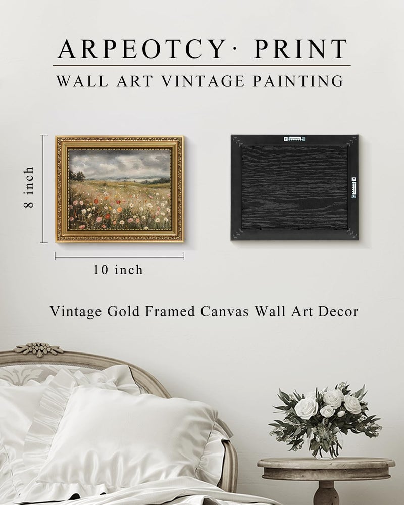 ARPEOTCY Vintage Gold Framed Wall Art Decor, 8x10 Inch Dreamy Wildflower Picture, Retro Farmhouse Landscape Wall Art for Living Room Bedroom, Rustic Bathroom Decor Aesthetic - Image 5